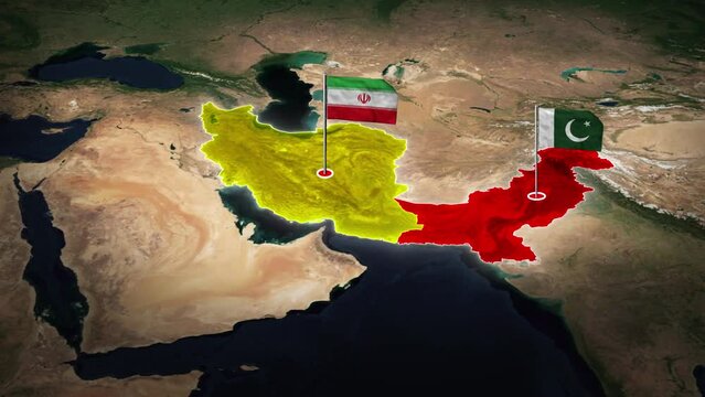  Flying Flags Above the Lands of Iran and Pakistan.Flags Fluttering Over Maps of Iran and Pakistan.