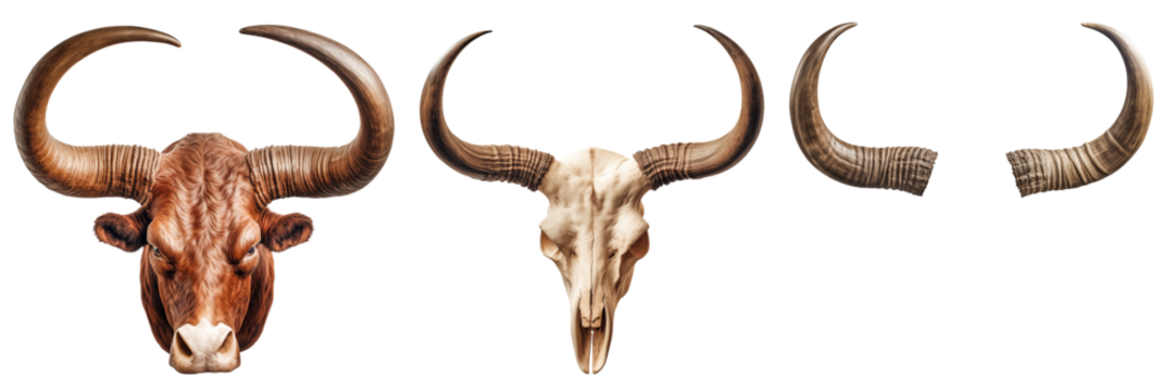 Set of bulls head and horns isolated on a transparent or white background. Overlays for insertion. Design elements to insert into a design or project.