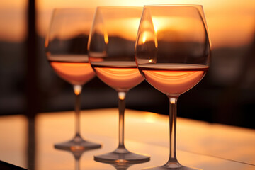 Three glasses of rose wine against a sunset backdrop.