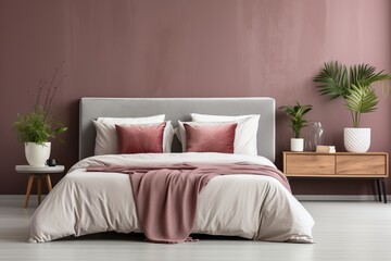 Bedroom in red and gray colors, popular colors for the bedroom.