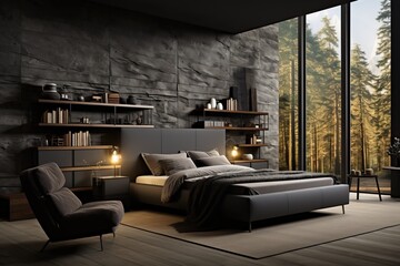 A bedroom in dark gray color with a large stained glass window with a forest landscape.