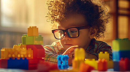 A visually delightful scene of a baby with curly hair wearing adorable glasses, engrossed in playful exploration with building blocks, showcasing the inherent curiosity and creativ - obrazy, fototapety, plakaty