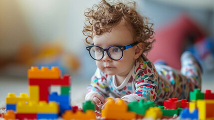A visually delightful scene of a baby with curly hair wearing adorable glasses, engrossed in playful exploration with building blocks, showcasing the inherent curiosity and creativ