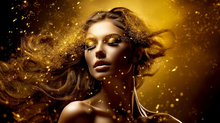 Woman with golden make-up in gold glittering dress on golden background. Beautiful woman with flowing hair. Warm, luxury and elegance atmosphere