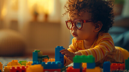 A visually delightful scene of a baby with curly hair wearing adorable glasses, engrossed in playful exploration with building blocks, showcasing the inherent curiosity and creativ - obrazy, fototapety, plakaty