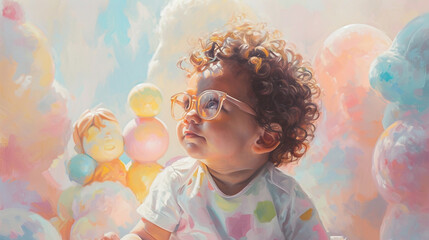 An artistic portrait of a curly-haired baby wearing glasses, surrounded by soft, pastel-colored toys, exuding a sense of comfort and happiness in a visually soothing environment. - obrazy, fototapety, plakaty