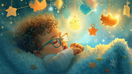 Obraz na płótnie Canvas A charming image of a curly-haired baby with glasses, nestled in a cozy blanket, captivated by the gentle sway of a mobile adorned with whimsical shapes, creating a visually enchan