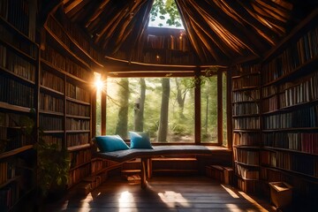 a whimsical image of a reading nook in a treehouse