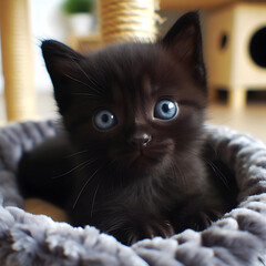 Black kitten with Blue eyes in a cat toy 4 weeks old. Beautiful black mini cat looking in camera. Black cat. Bombay cat. Felis catus. Black kitten. mini animal. mini pet. Felidae. Carnivora. kitten