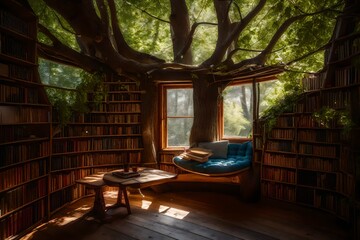 a whimsical image of a reading nook in a treehouse