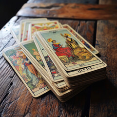Deck of tarot cards on the table, top view