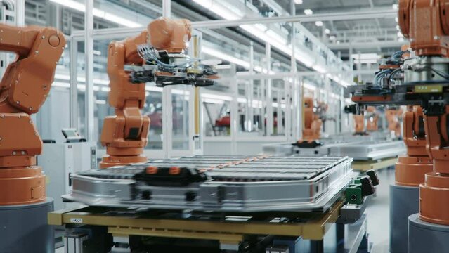 Time-lapse of Orange Robot Arms on Automated Production Line with. Battery Manufacturing Line Equipped with Robot Arms. EV Battery Pack for Automotive Industry Assembly. Electric Car Smart Factory.