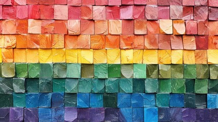 Pride flag made of tens of colorfully painted wooden blocks, colorful natural re-creation of a flag. - obrazy, fototapety, plakaty
