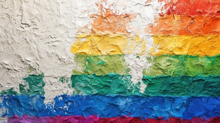 Pride flag weathered and revealing a plain white mortar or stucco wall beneath. Diversity being...