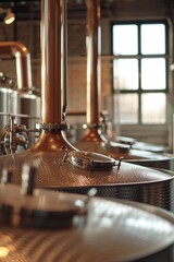 Copper distillery pans in focus, shining clean copper and distilling malt whiskey.