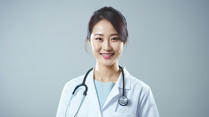 Asian nurse wearing a stethoscope and displaying a reassuring smile in a hospital setting