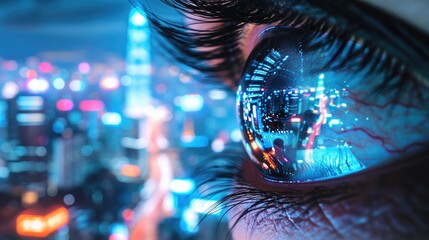 Closeup of human eye with future augmented reality contact lenses, with city skyline reflected in the retina. Advanced technology of the future.