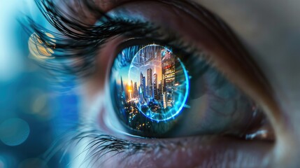 Closeup of human eye with future augmented reality contact lenses showing a futuristic user interface in the eye. Advanced technology of the future. - obrazy, fototapety, plakaty