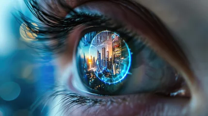 Poster Closeup of human eye with future augmented reality contact lenses showing a futuristic user interface in the eye. Advanced technology of the future. © Jouni