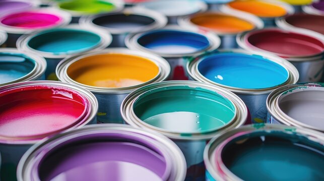 Several paint cans in multiple colors. Creativity and rainbow colors. Light reflecting from paint.