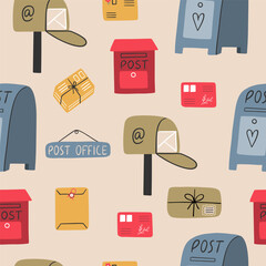Modern seamless pattern with mailboxes of different shapes and postal letters.
