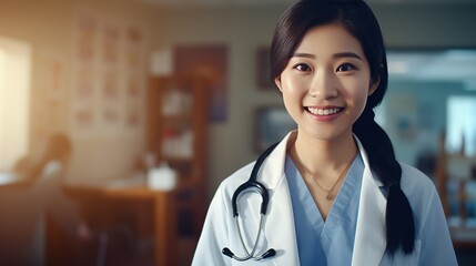 Asian nurse wearing a stethoscope and displaying a reassuring smile in a hospital setting