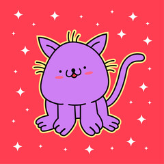 Cute smiling purple cat on a red background with stars. Vector illustration
