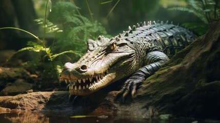 Obraz premium A crocodile basking in the sun near a riverbank