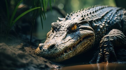 Obraz premium A crocodile basking in the sun near a riverbank