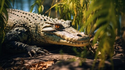 Fototapeta premium A crocodile basking in the sun near a riverbank