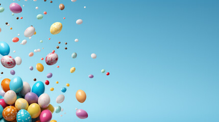 Obraz na płótnie Canvas colourfull easter egg flying on blue pastel background.Festive Flying Easter Egg on Blue Background