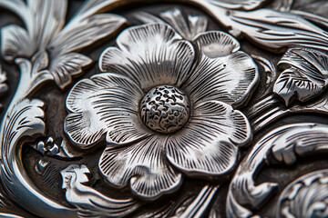 close-up of a silver brooch, with a floral design etched into the metal