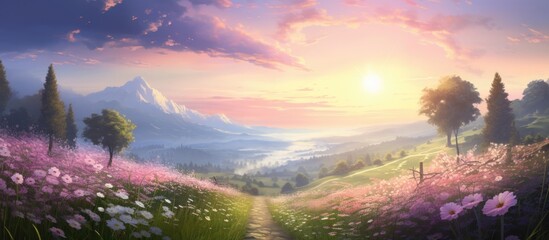 The blooming pink flowers, green nature, open sky, and shining sun are incredibly beautiful.