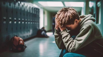 Fotobehang Stressed unhappy male adolescent, bullying in school. Generative AI © REC Stock Footage