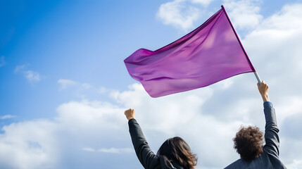 A female protestor on street, her purple flag and raised fist. Generative AI.