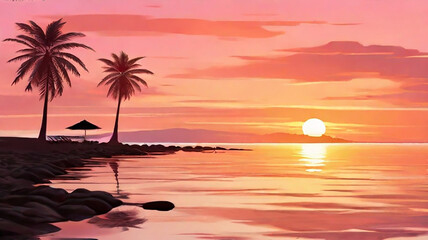 Fototapeta na wymiar Sunset landscape with palm trees wallpaper