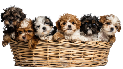 Sweet little dogs look out of a basket, transparent or isolated on white background