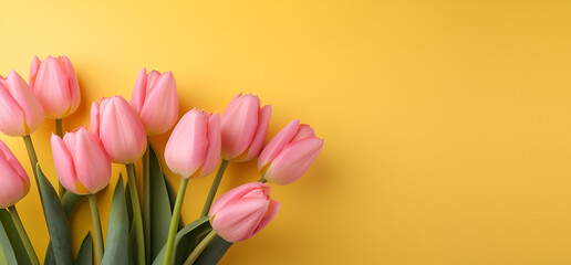 Bouquet pink tulips on a yellow background, top view. Mother's day, Valentine's Day. Horizontal banner with copy space