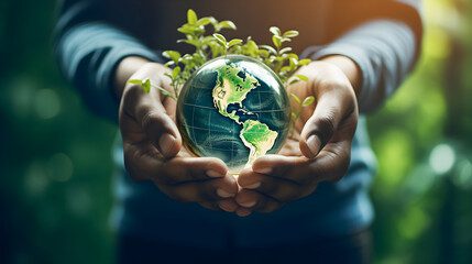 Hands Holding Planet Earth Background. Earth Day background. Saving the planet and caring for the environment
