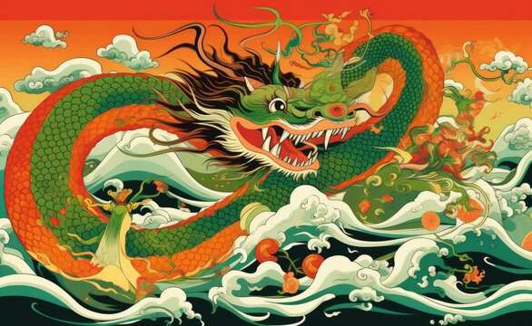Golden dragon images in Chinese and Japanese styles set against a pastel gold background.