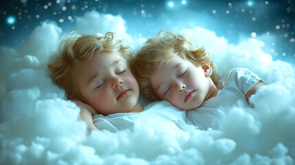 Two young children are sleeping side by side, surrounded by soft clouds under a starry sky, looking peaceful and serene