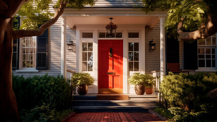 A charming red door welcomes visitors to a beautiful home, Generative AI