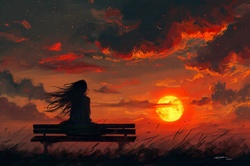girl sitting on a bench, holding a book, watching the sunset, with her hair blowing in the wind