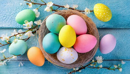  Beautiful colorful easter eggs on blue wooden background
