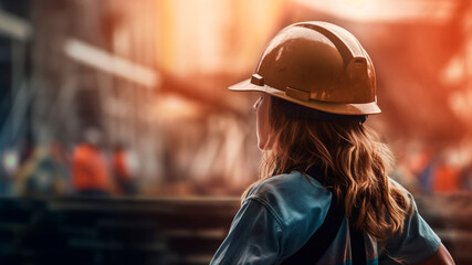 Skilled construction woman worker with a hard hat, building site. Generative AI - Powered by Adobe
