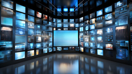 A futuristic room adorned with an array of monitors and screens. Generative AI