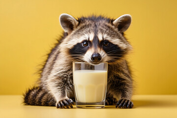 raccoon is drinking on a yellow background