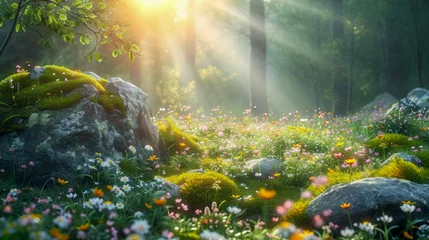 Fotobehang Sunlit glade with flowers © outdoorsman