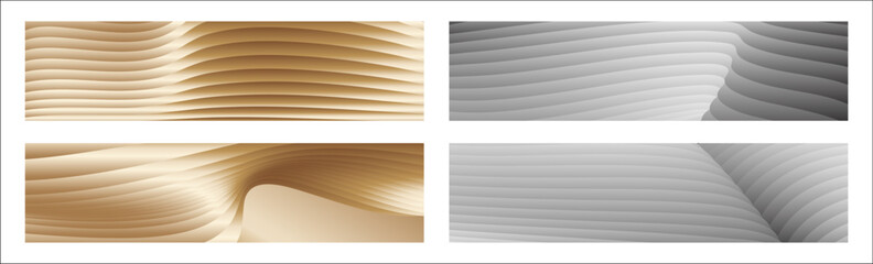 Wavy silver and gold parallel gradient lines, ribbons, silk. Set of 4 backgrounds. Black and white with shades of gray or golden silk. Banner, poster. eps vector