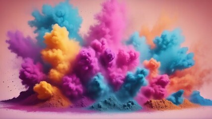 Fototapeta premium Multicolored dust powder paint explosion backdrop, abstract illustration, Hindu Holi festival of colors